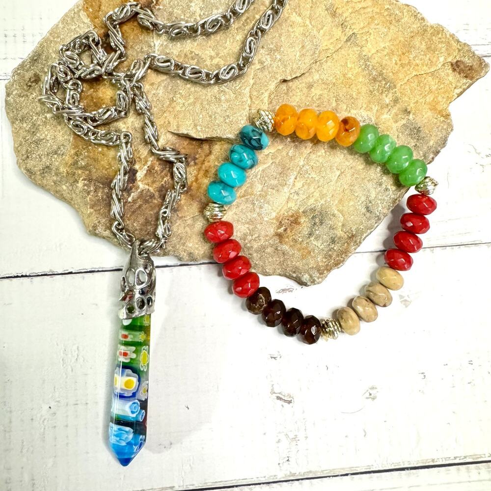 Millefiori Glass Pendant Necklace & Bracelet Silver Tone Faceted Faux Stone Long